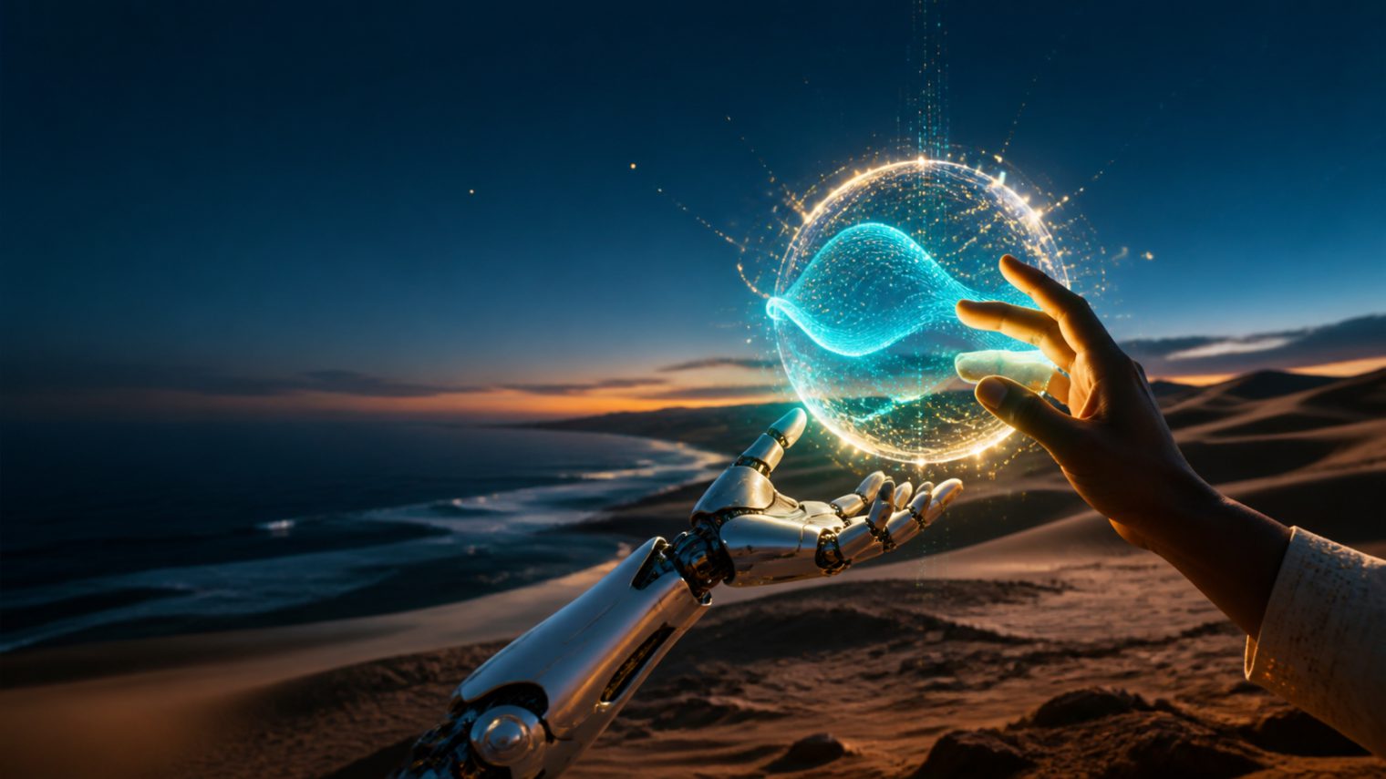 Human and robotic hands meeting around an AI light orb on the Namibian coast